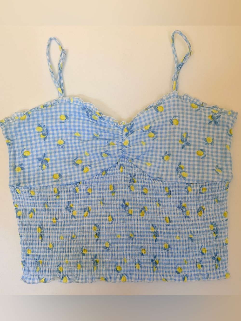 Wild Fable XL Blue Gingham Lemon Smocked Crop Cami Top NWOT